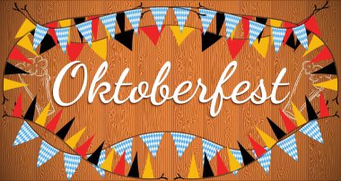 Oktoberfest çelenginde mavi-beyaz kareli desen ve ahşap zemin üzerinde kurdele bulunan Oktoberfest metni yer almaktadır. Ekim Festivali arkaplanı modern ve güncel bir şekilde kutlanıyor