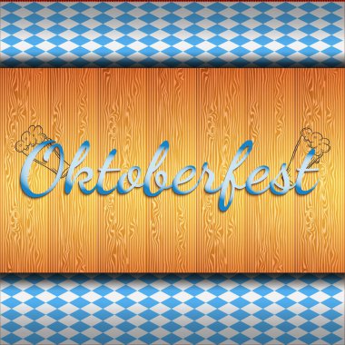 Oktoberfest çelenginde mavi-beyaz kareli desen ve ahşap zemin üzerinde kurdele bulunan Oktoberfest metni yer almaktadır. Ekim Festivali arkaplanı modern ve güncel bir şekilde kutlanıyor