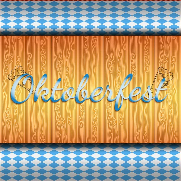 Oktoberfest çelenginde mavi-beyaz kareli desen ve ahşap zemin üzerinde kurdele bulunan Oktoberfest metni yer almaktadır. Ekim Festivali arkaplanı modern ve güncel bir şekilde kutlanıyor