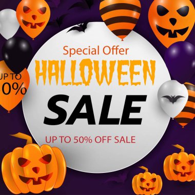 Mutlu Cadılar Bayramı için indirimli bayramlar. Geometrik arkaplanda canavar balonları, internet, posterler, el ilanları, reklamlar, promosyonlar, bloglar, sosyal medya, pazarlama, en yenileri.