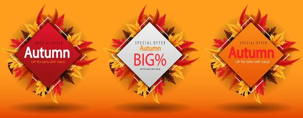 Set Bundle Banner Venta Otoño Con Hojas Otoño Temporada Coloridas — Archivo Imágenes Vectoriales