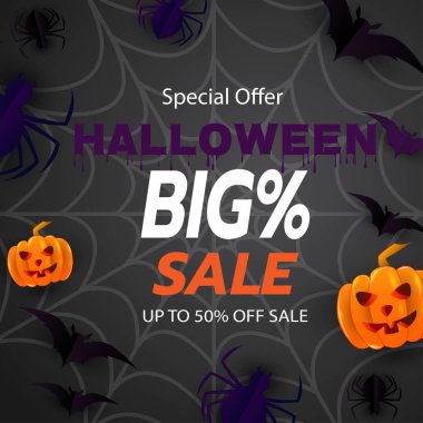 Cadılar Bayramı Süper İndirim Pankartı% 50 indirimli, balonlar, yarasalar, örümcekler, örümcek ağları ve balkabağı, 3D Görüntü Arkaplanı