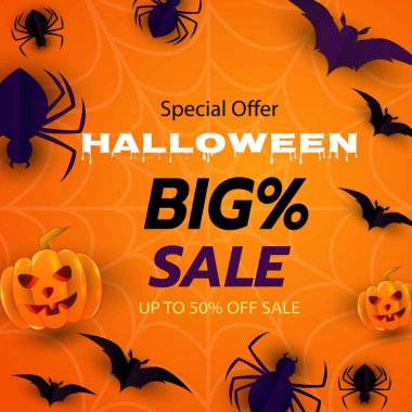 Cadılar Bayramı Süper İndirim Pankartı% 50 indirimli, balonlar, yarasalar, örümcekler, örümcek ağları ve balkabağı, 3D Görüntü Arkaplanı