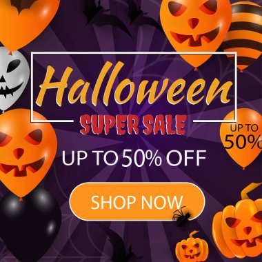 Cadılar Bayramı Süper İndirim Pankartı% 50 indirimli, balonlar, yarasalar, örümcekler, örümcek ağları ve balkabağı, 3D Görüntü Arkaplanı