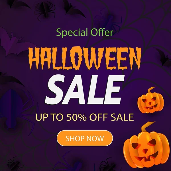 할로윈 이벤트 Super Sale Banner Balloons Bats 거미줄 Pumpkin Illustration — 스톡 벡터