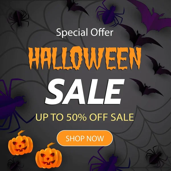 Halloween Event Super Sale Banner Έως Μπαλόνια Νυχτερίδες Αράχνες Ιστούς — Διανυσματικό Αρχείο