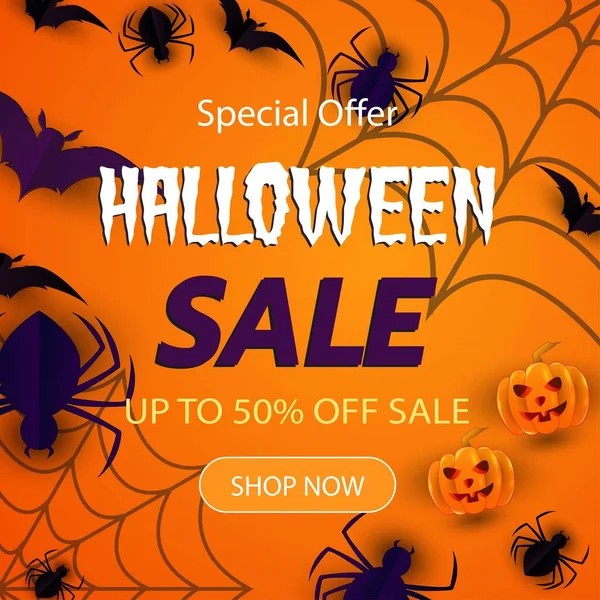 Halloween Event Super Sale Banner Balloons Bats Spiders Cobwebs Pumpkin - Stok Vektor
