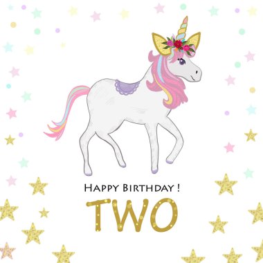 İkinci Doğum günü tebrik. İki. Sihirli Unicorn Doğum günü davetiyesi. Parti davetiyesi tebrik kartı