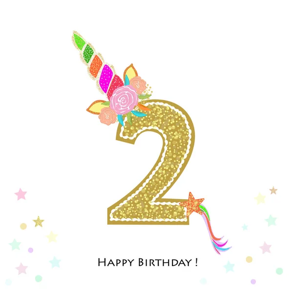 Due Secondo Compleanno Colorato Invito Compleanno Unicorno Baby Shower Biglietto — Vettoriale Stock