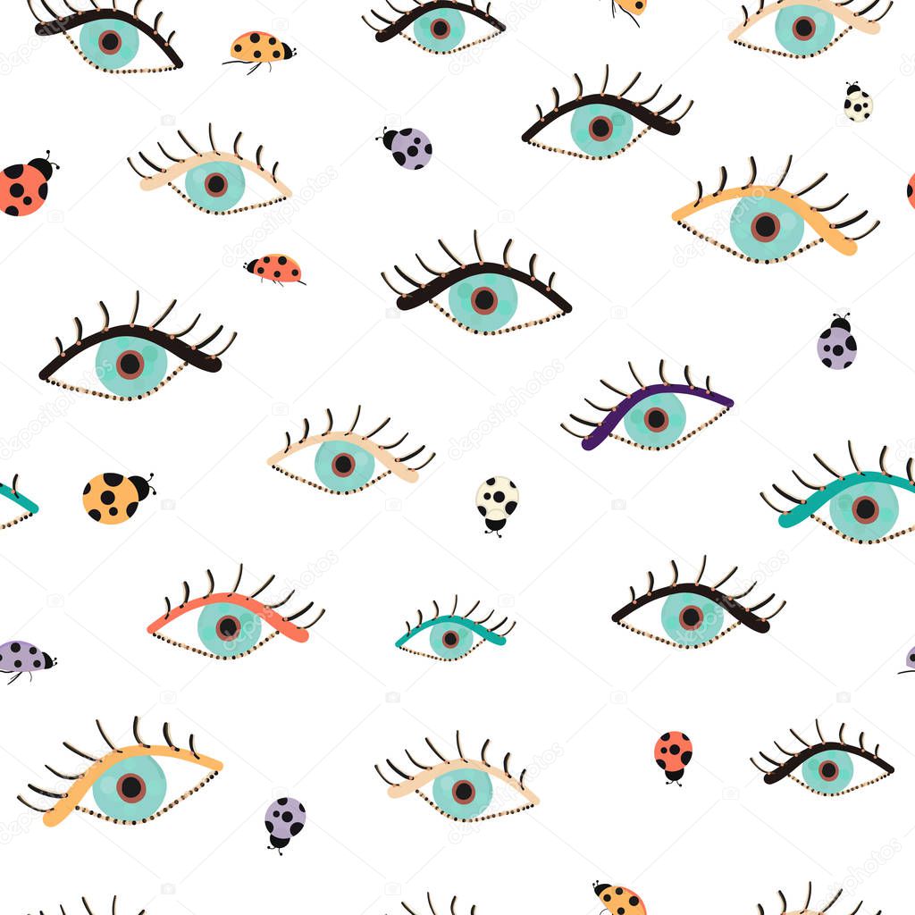 Beauty blue eyes with colorful ladybug lucky pattern