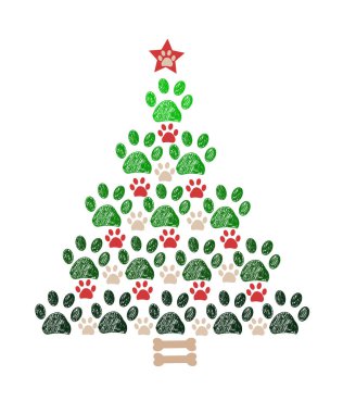 Noel ağacı pati izlerini ve kemik yapılmış. Mutlu yeni yıl tebrik kartı