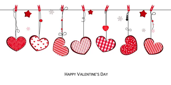 Happy Valentijnsdag Kaart Met Hangende Love Valentines Schattige Rode Harten — Stockvector