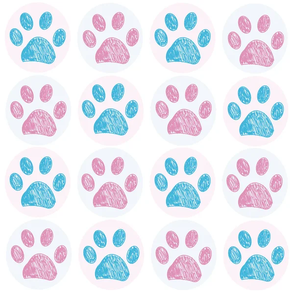 Blå Rosa Färgade Doodle Paw Print Vit Bakgrund — Stock vektor