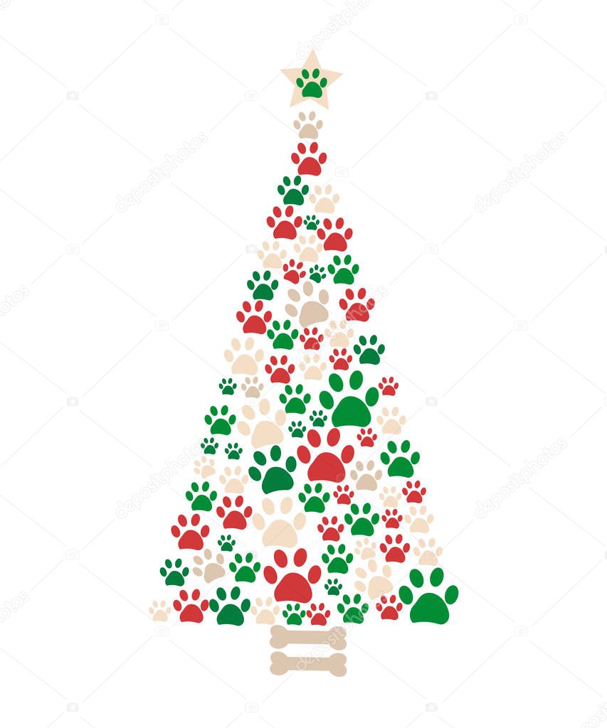 Christmas tree made of bone and paw prints. New year greeting card