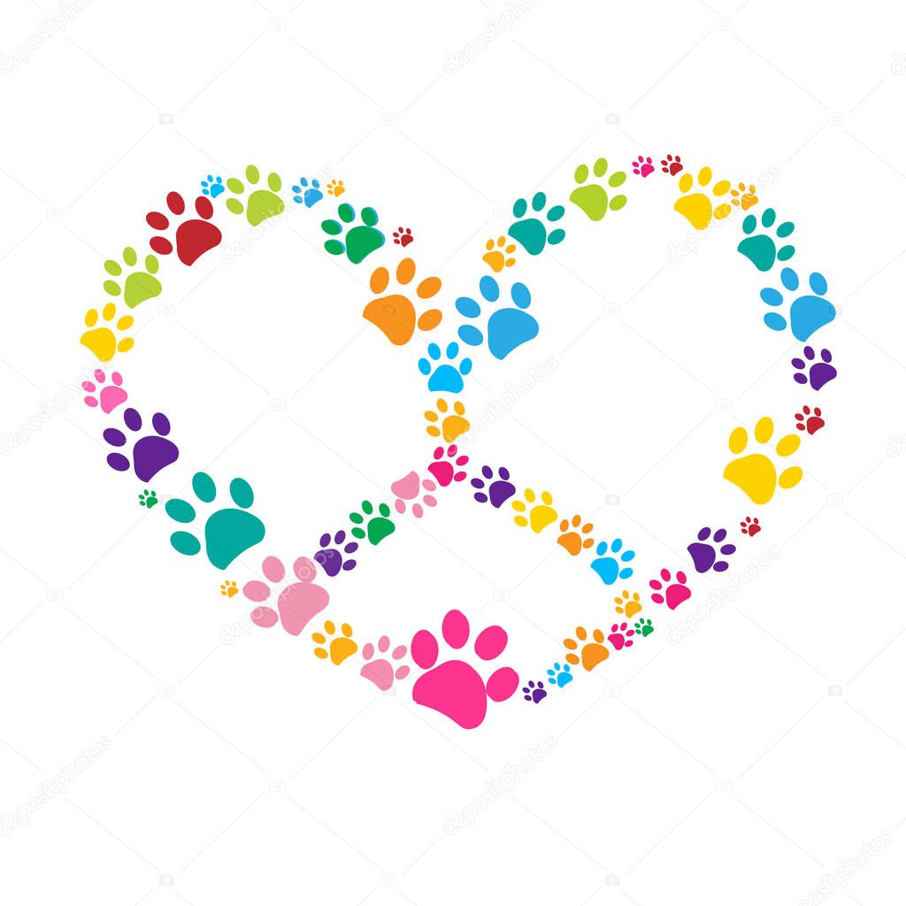 Dog paw print made of colorful heart peace sign
