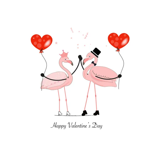 Kalp Balon Tutan Bir Sevgi Dolu Flamingo Komik Çift Mutlu — Stok Vektör