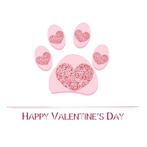 犬の前足が輝く赤いハート プリント バレンタインのグリーティング カード — ストックベクタ
