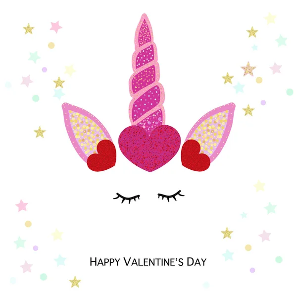 Feliz Día San Valentín Tarjeta Felicitación Con Unicornio Invitación Mágica — Vector de stock