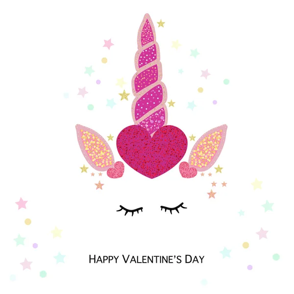 Sihirli Unicorn Sevgililer Günü Kalpleri Mutlu Sevgililer Günü Tebrik Kartı — Stok Vektör