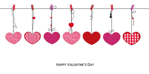 Glanzend Roze Rode Harten Happy Valentijnsdag Kaart Met Hangende Love — Stockvector