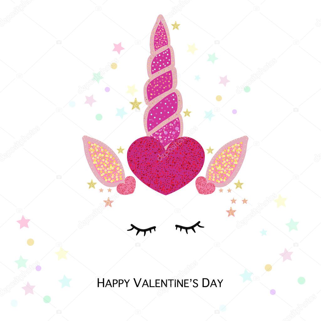 Magical unicorn valentine's day hearts. Happy Valentine's day greeting card with unicorn. Magical unicorn birthday invitation with shining hearts. Party invitation greeting card