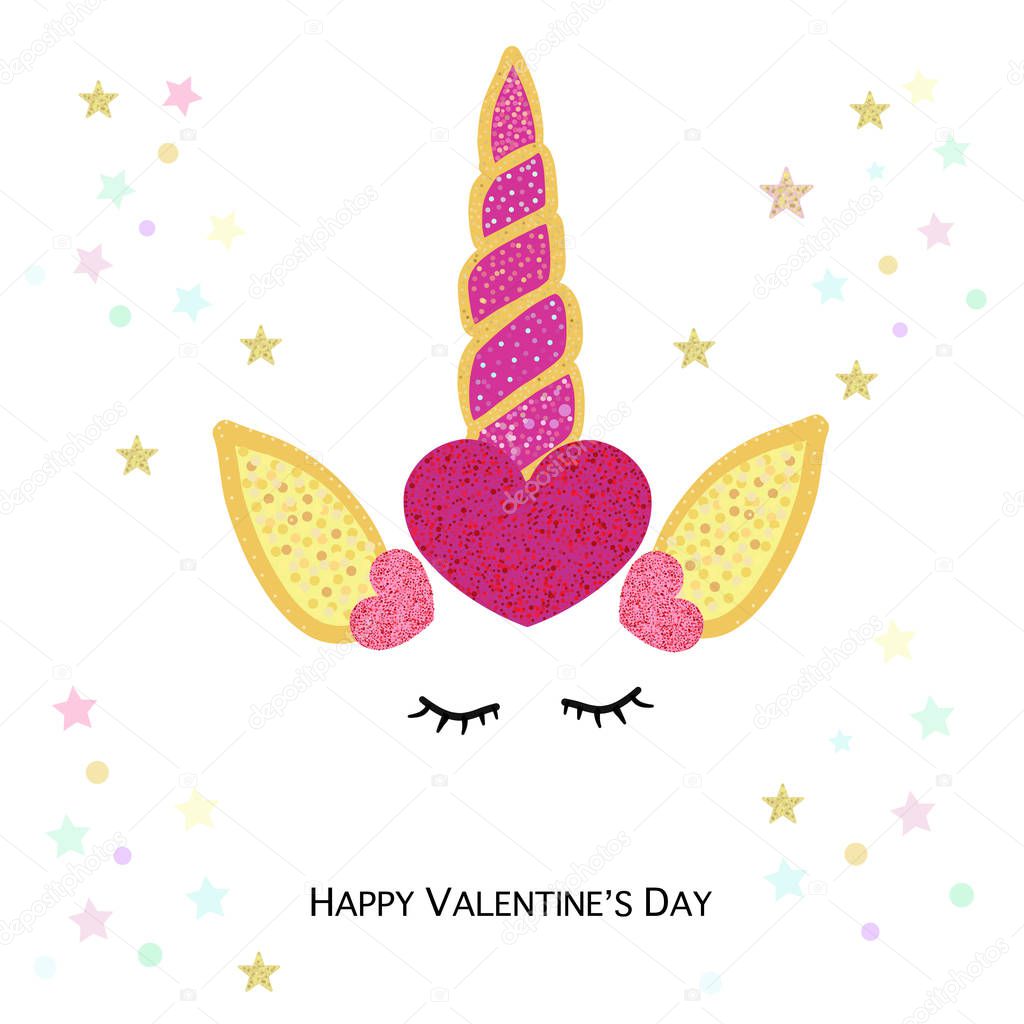 Magical unicorn valentine's day. Happy Valentine's day greeting card with unicorn. Magical unicorn birthday invitation with shining hearts. Party invitation greeting card