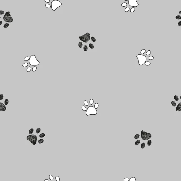 Black and white paw print repeated pattern with gray background