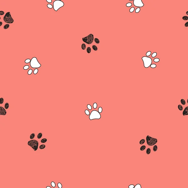 Black and white paw print repeated pattern with living coral background