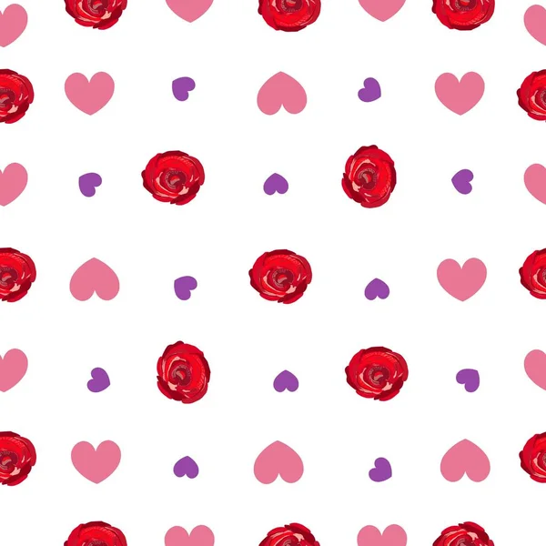 Hand Drawing Vibrant Colored Red Roses Hearts Repeated Romantic Pattern — Stock Vector