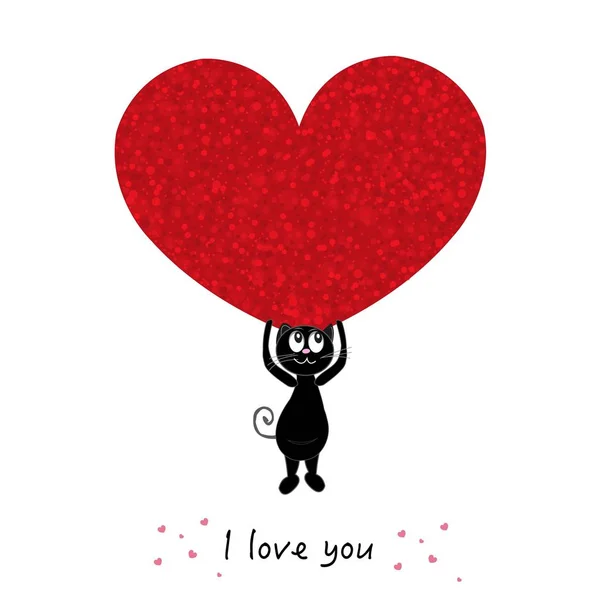 Love You Text Cute Black Cats Holding Shining Red Heart — Stock Vector