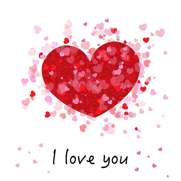 Cute romantic red and pink shining many hearts. ''I love you'' text. Happy Valentine's day greeting card