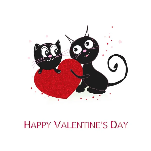 Sostiene Corazón Rojo Brillante Con Dos Gatos Cariñosos Feliz Tarjeta — Archivo Imágenes Vectoriales