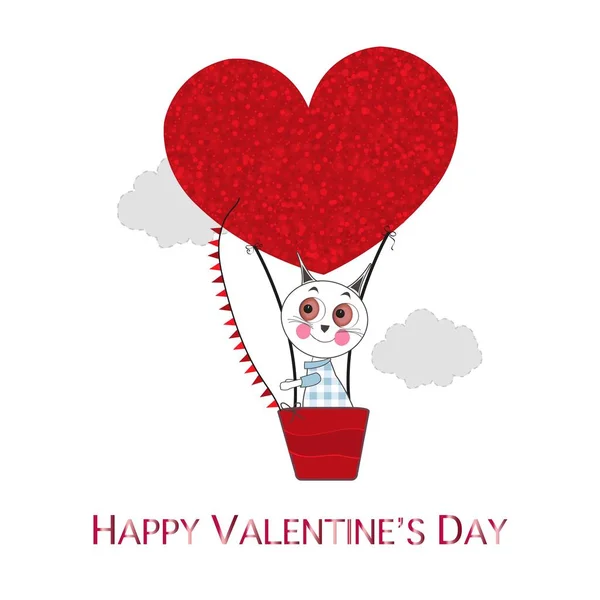 Hot Air Balloon Red Shining Hearts Cute Cats Happy Valentine — Stock Vector