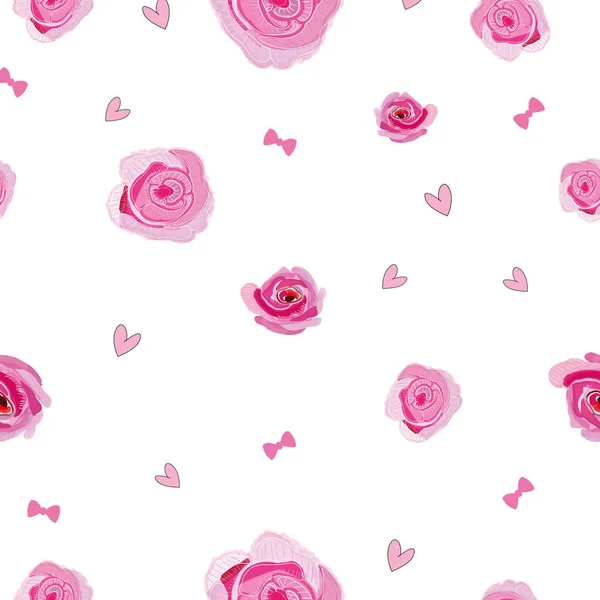 手には ピンクの美しいバラが描かれました 赤ちゃんの女の子壁紙のシームレス パターン — ストックベクタ