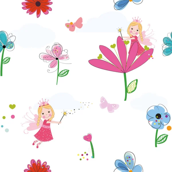 Summer Flowers Butterflies Fairy Pattern Wallpaper — Stock Vector
