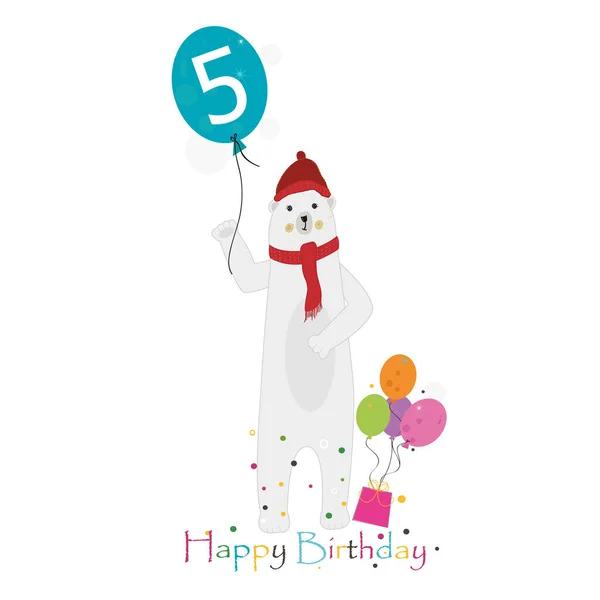 Polar bear holding balloon. Five. Fifth. Happy birthday greeting card