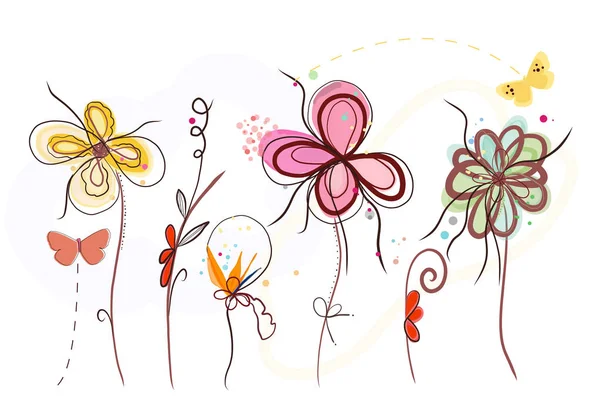 Carino Disegnato Mano Astratto Vibrante Colorato Fiori Primaverili Primavera Tempo — Vettoriale Stock
