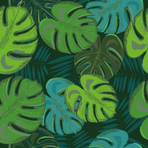 Tropikal Palmiye Monstera Yaprakları Orman Yeşil Yaprak Sorunsuz Tropic Yaz — Stok Vektör