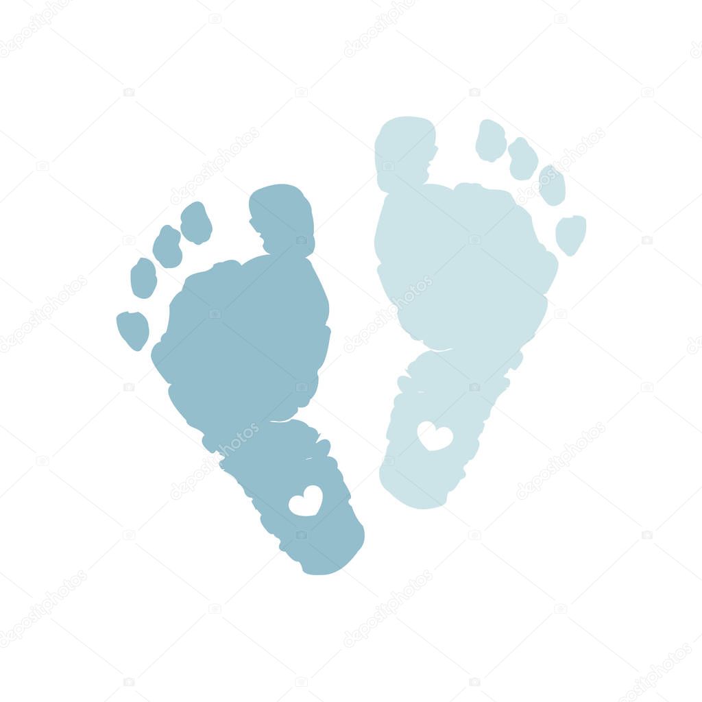 Baby foot prints. Baby boy. Blue colored. Baby boy foot print with heart. Baby shower greeting card. Foot steps