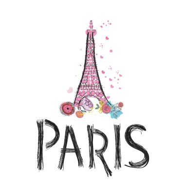 Paris, Eyfel Kulesi. Elle çizilmiş mektup ve eiffel renkli çiçeklerle kule. Poster tasarımı tebrik kartı
