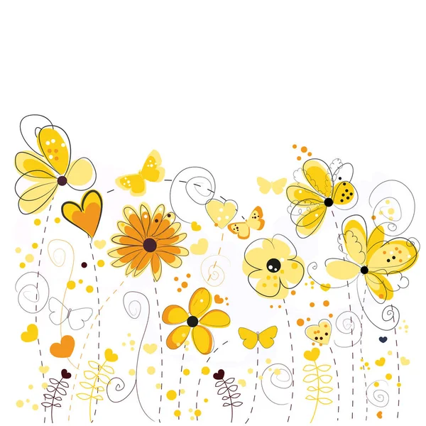 Gele Bloemen Wenskaart Met Decoratieve Abstracte Lente Bloemen Illustratie — Stockvector