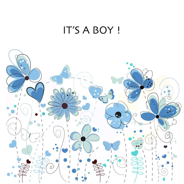 Ist Ein Junge Junge Baby Dusche Grußkarte Blumengrüßkarte Mit Blauen — Stockvektor