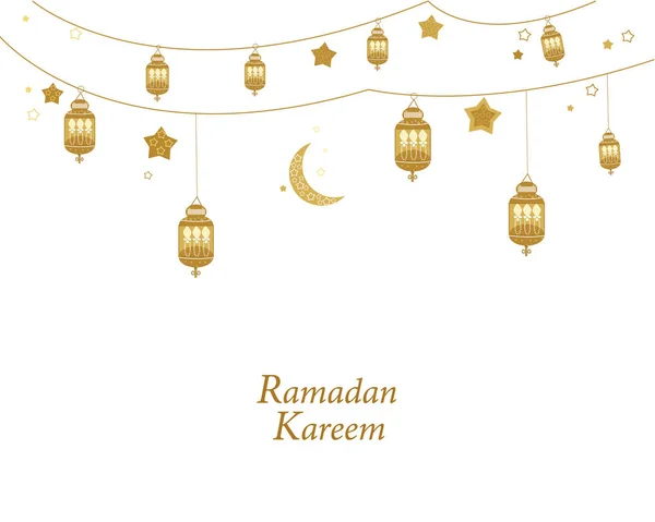 Ramadan Kareem Emas Berwarna Dengan Lampu Bulan Sabit Dan Bintang - Stok Vektor