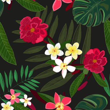 Tekstil tasarımı için dikişsiz desen. Kırmızı tropikal çiçekler. Frangipani. Avuç içi, Monstera yaprakları. Tropikal vektör Dikişsiz çiçek desen arka plan. Dekoratif güzel illüstrasyon duvar kağıdı. Siyah arka plan