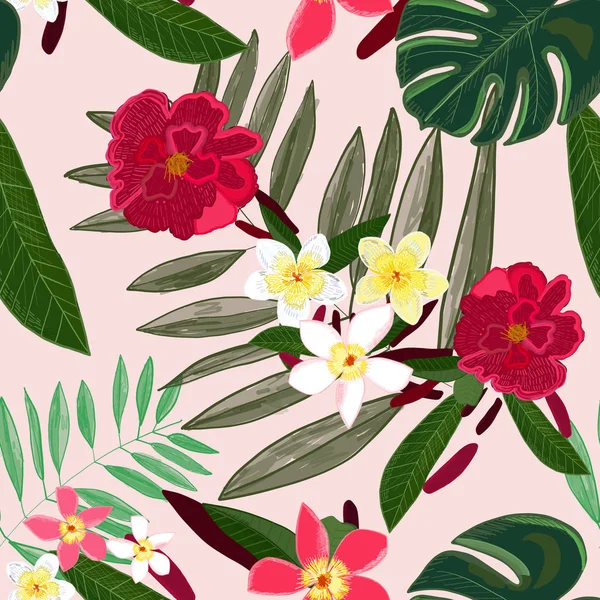 Naadloos Patroon Voor Textiel Ontwerp Rode Tropische Bloemen Frangipani Palm — Stockvector