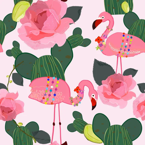 Flamingos Pattern Seamless Pattern Textile Design Flamingos Exotic Birds Hand — Stock Vector