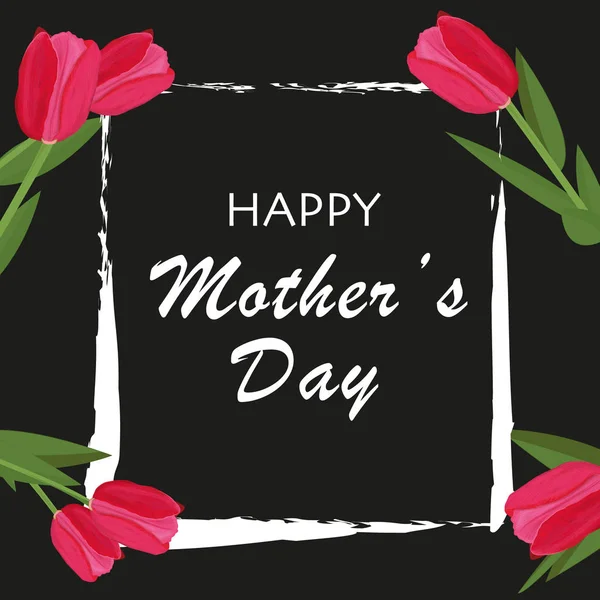 Βούρτσα Καρέ Κόκκινες Ροζ Τουλίπες Χαρούμενη Ημέρα Της Μητέρας Μαύρο — Διανυσματικό Αρχείο