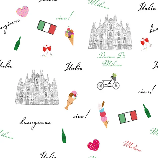 Milan Italy Seamless Pattern Hand Drawn Sketch Elements Duomo Cathedral — Stock Vector