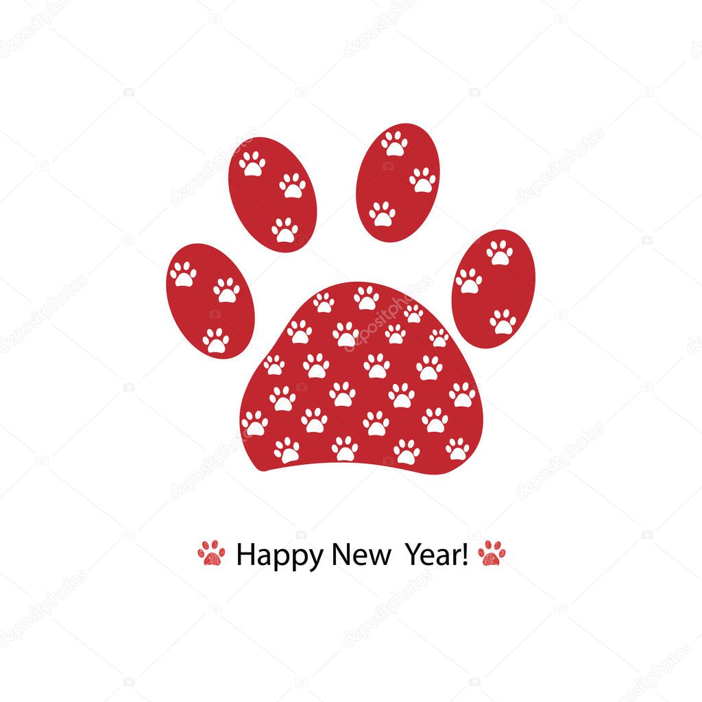 Red paw print with white paw prints with Happy New year text. Merry Christmas greeting card vector