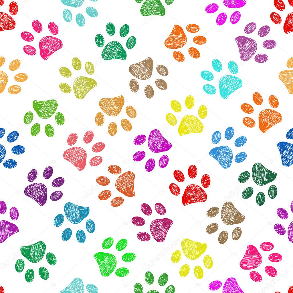 Colorful vibrant colored doodle paw prints. Seamless pattern for textile design. Paw prints white background